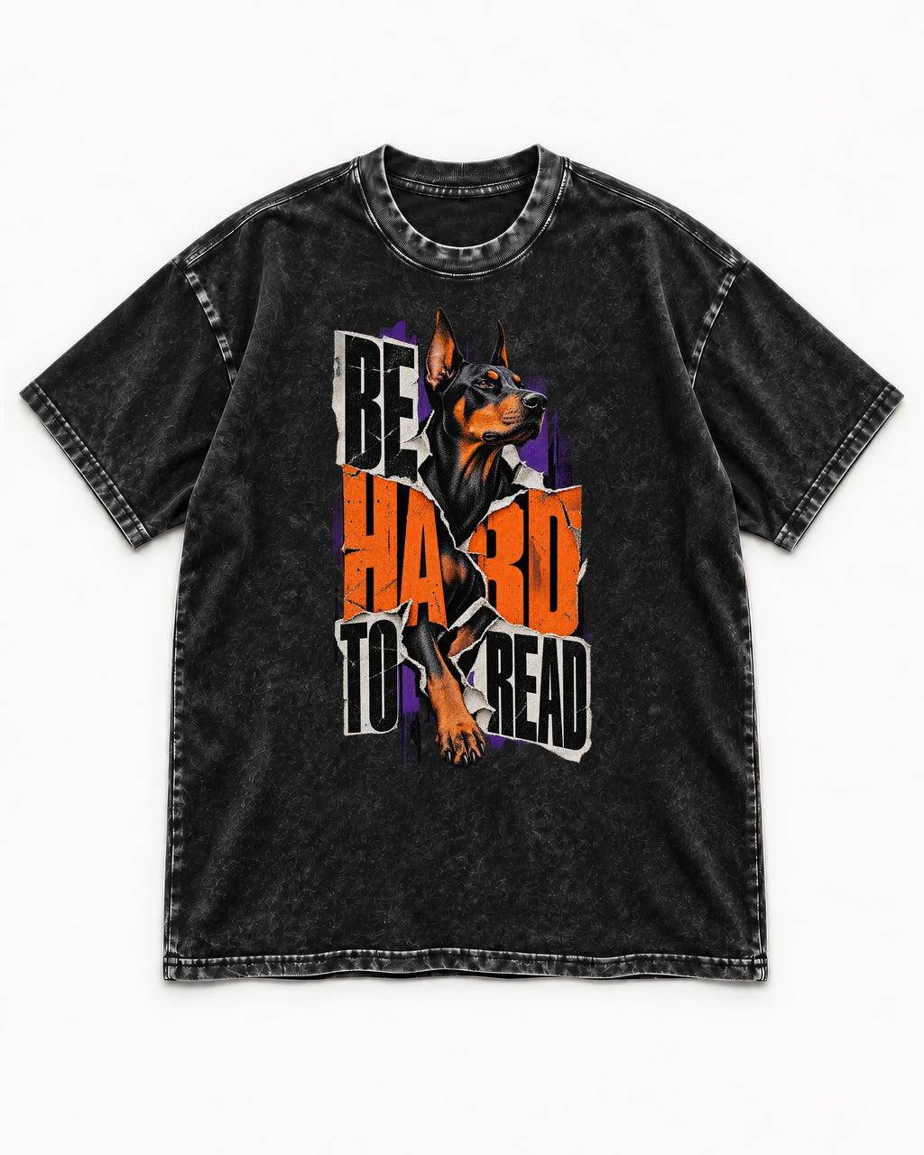 Doberman Be Hard to Read Torn Poster Graphic Washed Tee in Black, flat lay product photo
