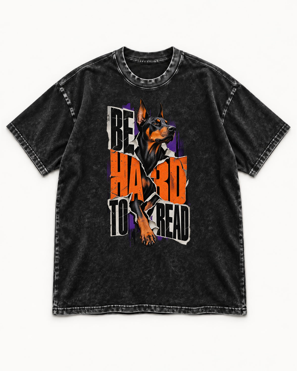 Doberman Be Hard to Read Torn Poster Graphic Washed Tee in Black, flat lay product photo
