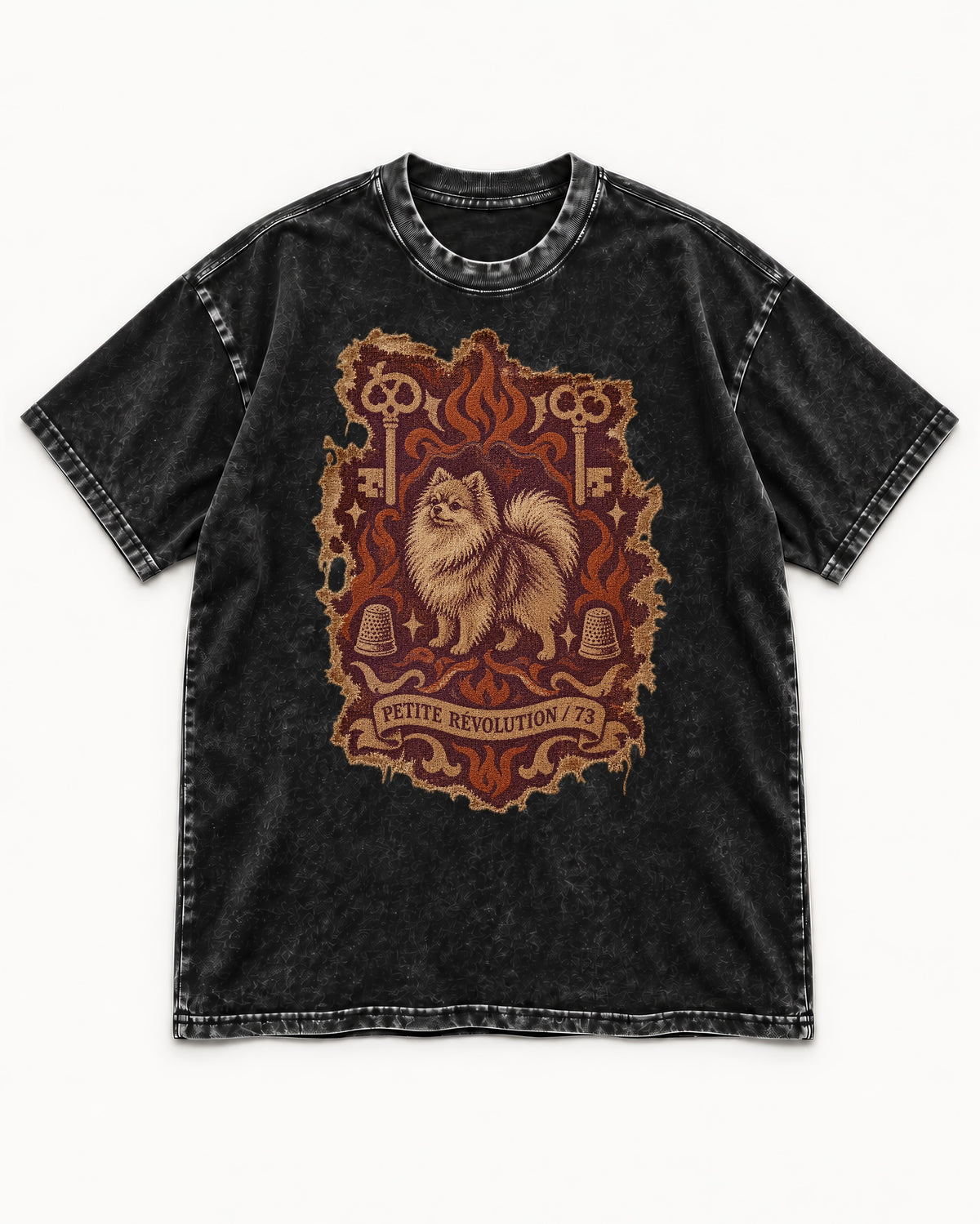 Pomeranian Petite Revolution Ornate Key Emblem Graphic Washed Tee in Black, flat lay product photo