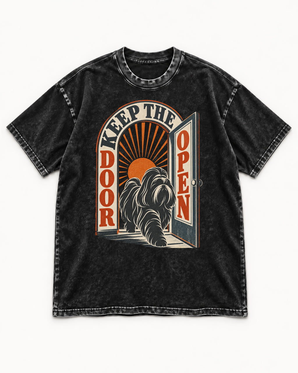 Shih Tzu Keep the Door Open Retro Doorway Graphic Washed Tee in Black, flat lay product photo