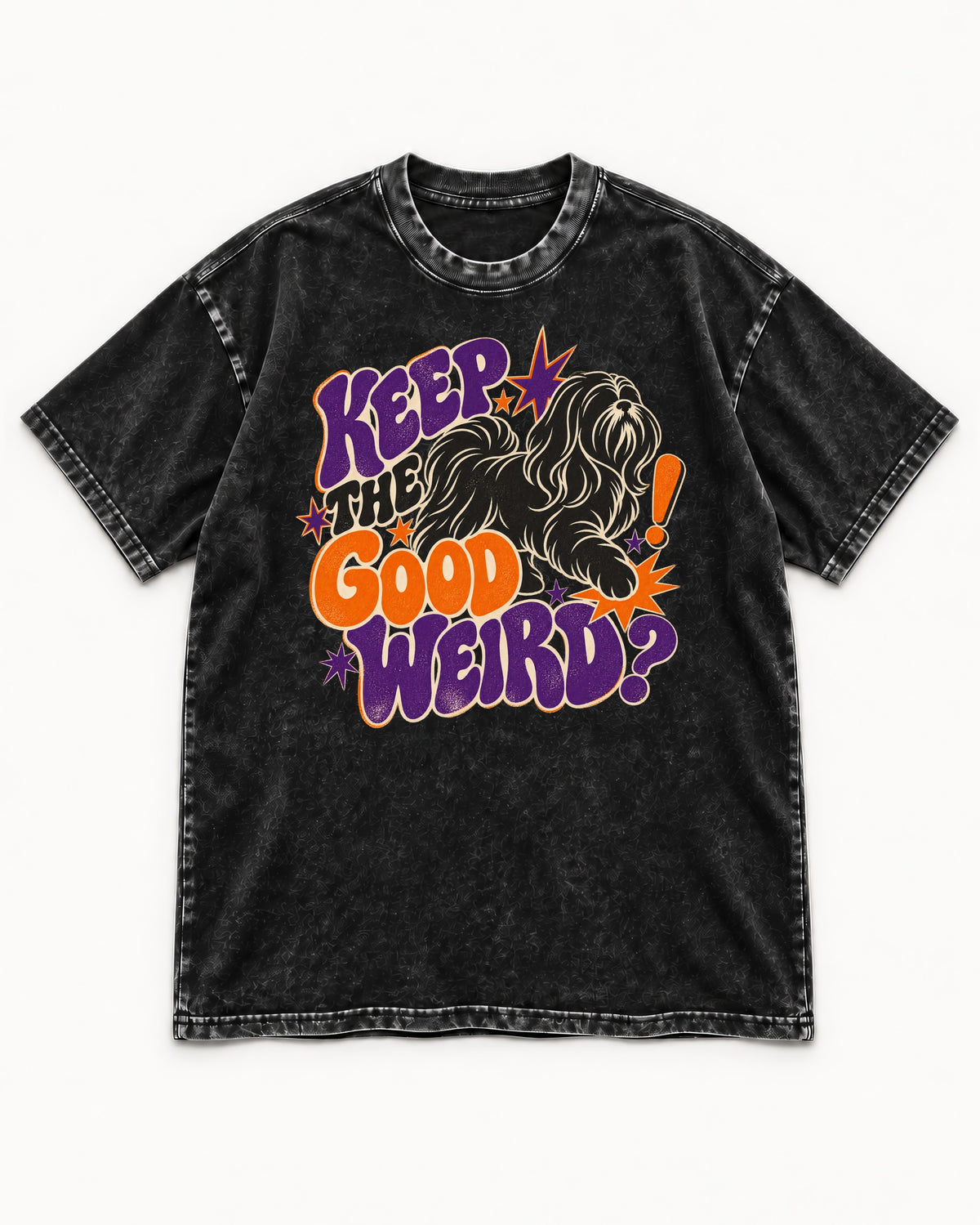 Shih Tzu Keep the Good Weird Retro Typography Graphic Washed Tee in Black, flat lay product photo