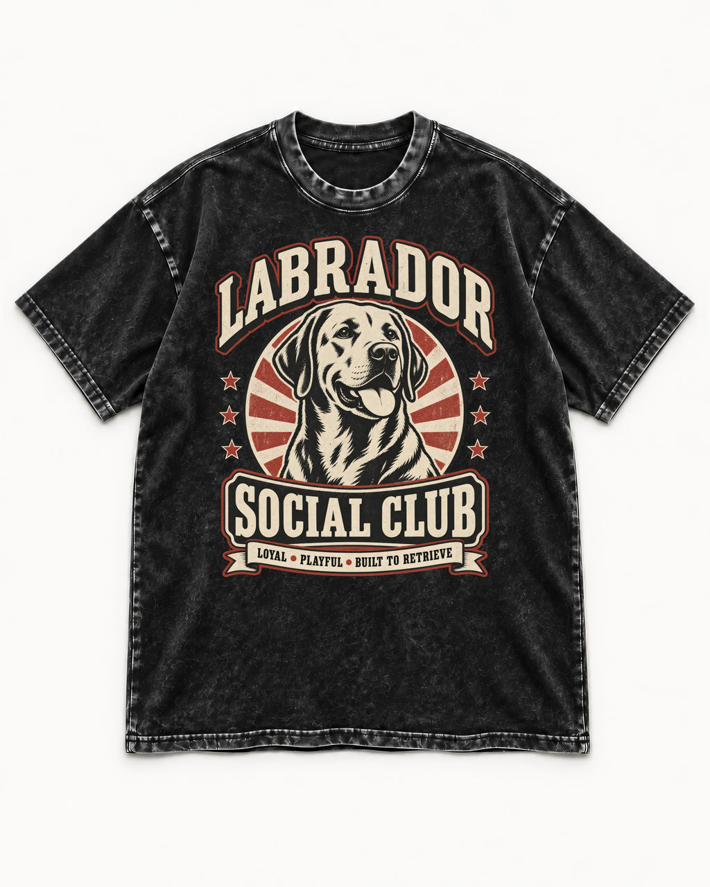 Labrador Retriever Social Club Loyal Playful Built to Retrieve Badge Graphic Washed Tee in Black, flat lay product photo