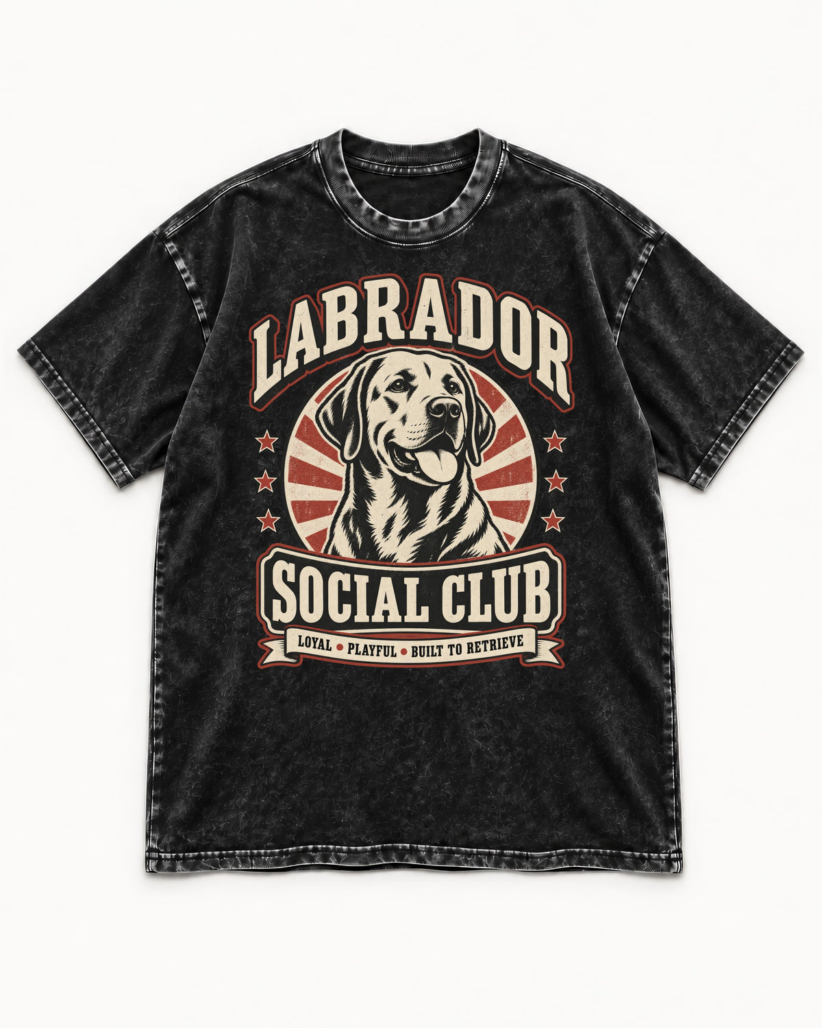 Labrador Retriever Social Club Loyal Playful Built to Retrieve Badge Graphic Washed Tee in Black, flat lay product photo