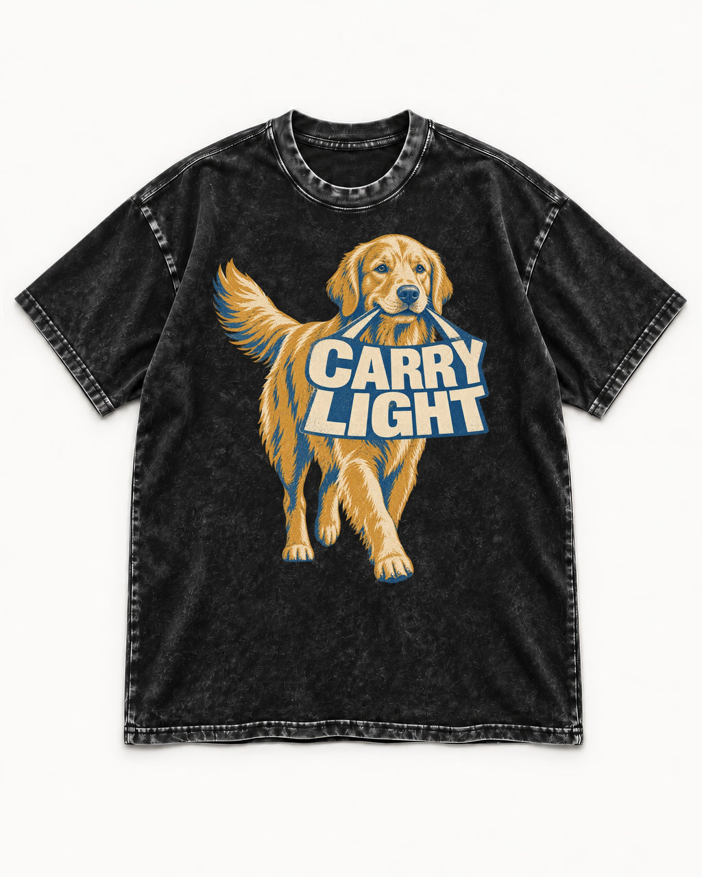 Golden Retriever Carry Light Sign Graphic Washed Tee in Black, flat lay product photo
