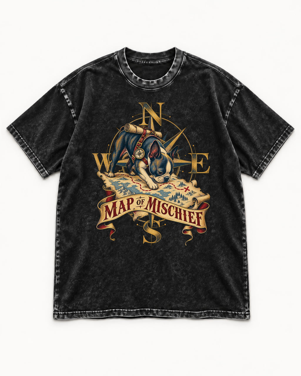 Map of Mischief Boston Terrier Washed Tee in Black, flat lay product photo