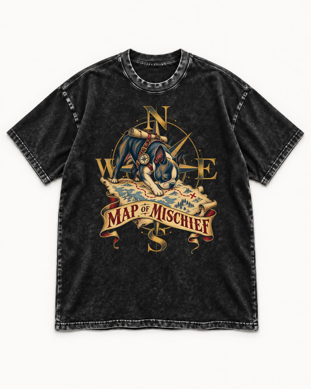 Map of Mischief Boston Terrier Washed Tee in Black, flat lay product photo
