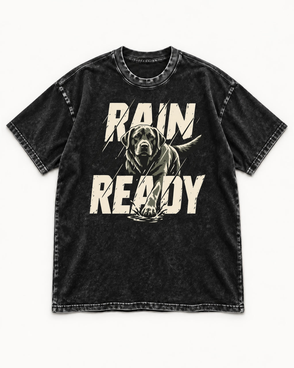 Labrador Retriever Rain Ready Charging Splash Graphic Washed Tee in Black, flat lay product photo
