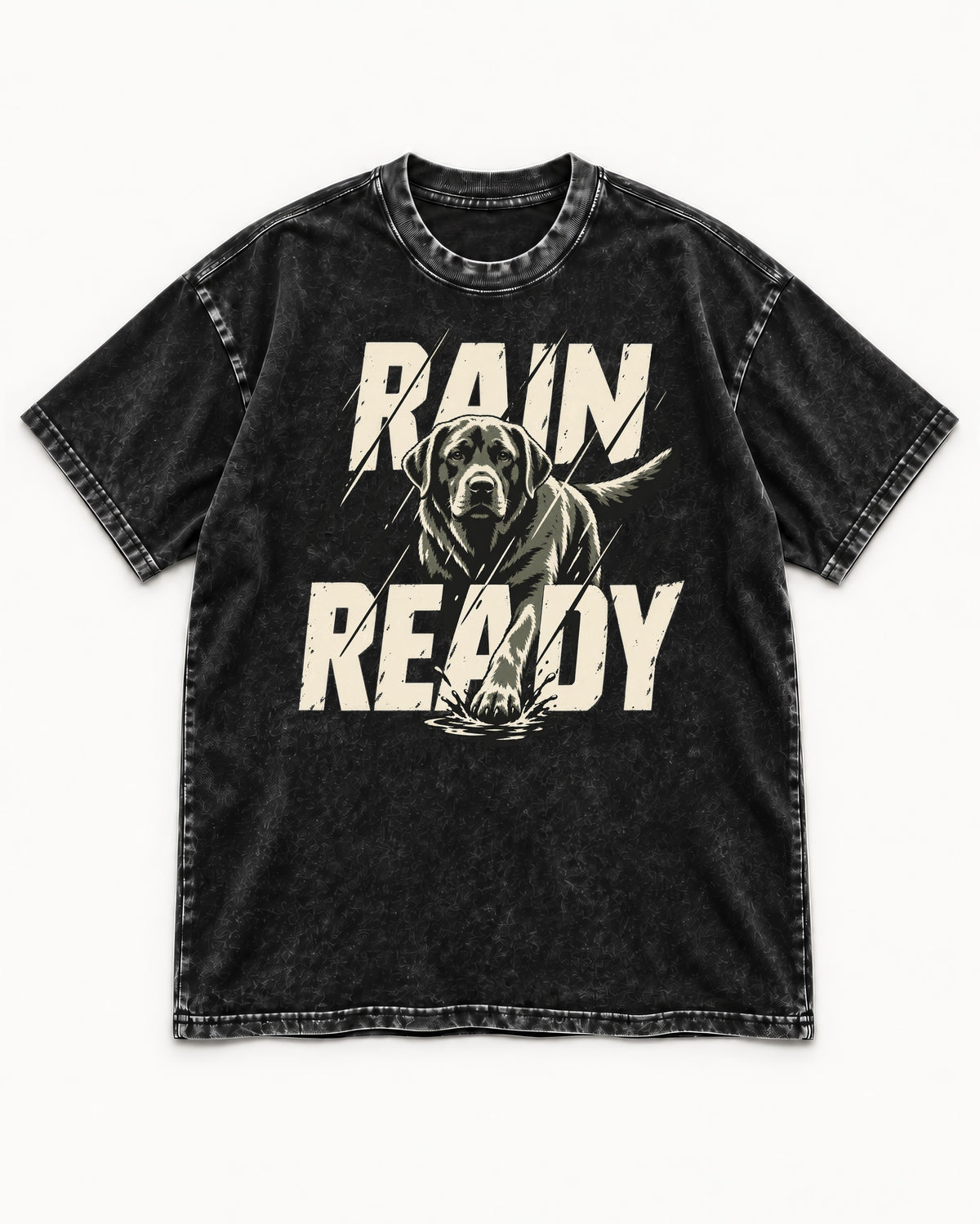 Labrador Retriever Rain Ready Charging Splash Graphic Washed Tee in Black, flat lay product photo