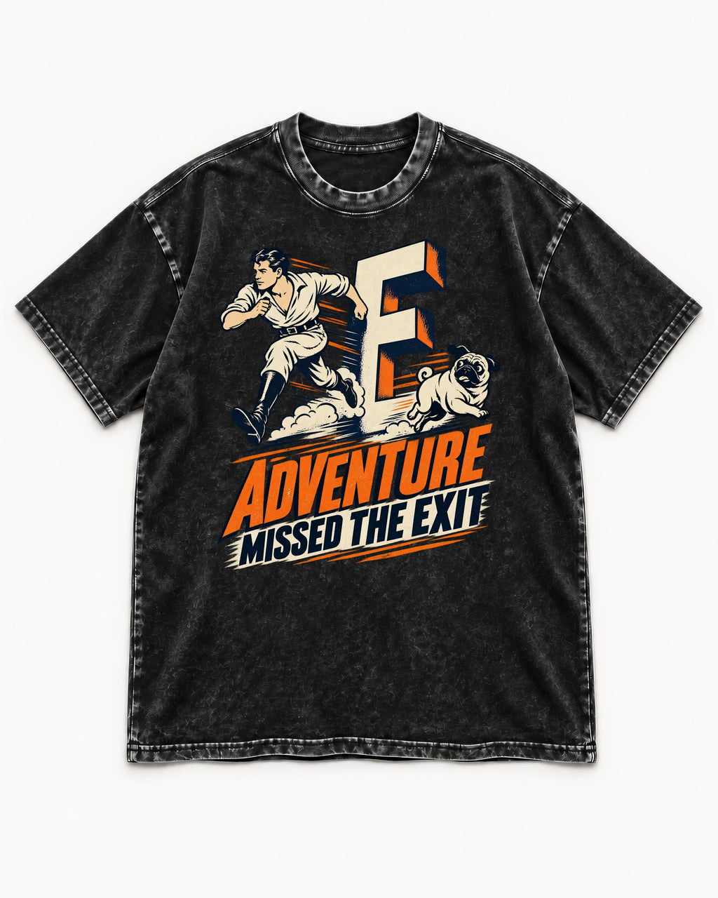Pug Adventure Missed the Exit Running Graphic Washed Tee in Black, flat lay product photo
