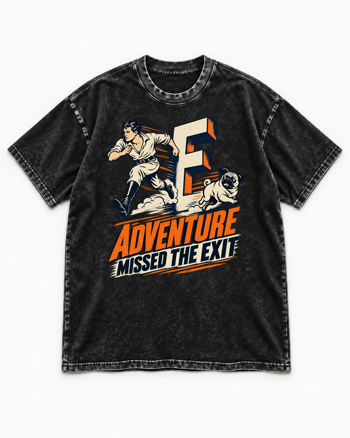 Pug Adventure Missed the Exit Running Graphic Washed Tee in Black, flat lay product photo
