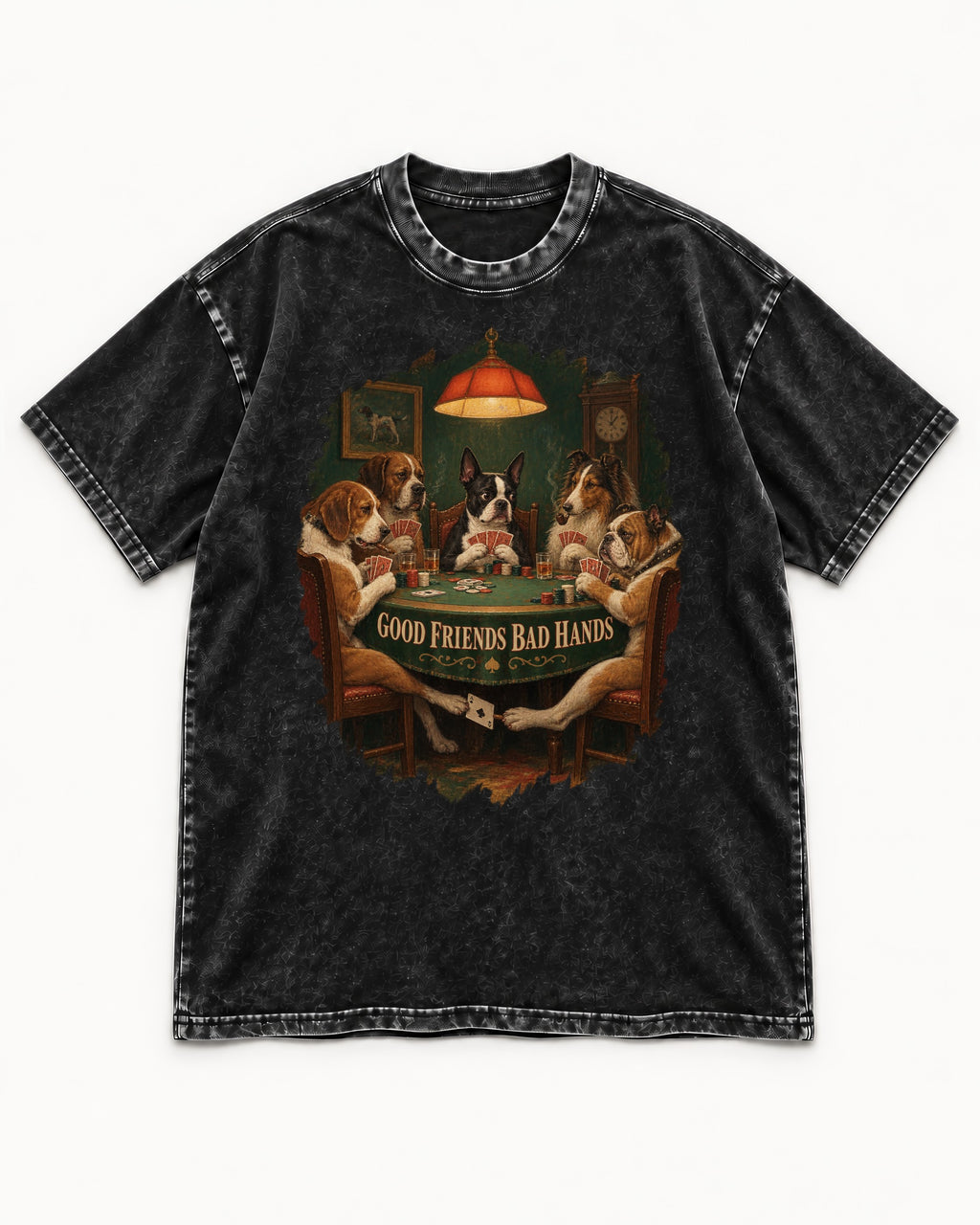 Good Friends Bad Hands Boston Terrier Poker Night Washed Tee in Black, flat lay product photo