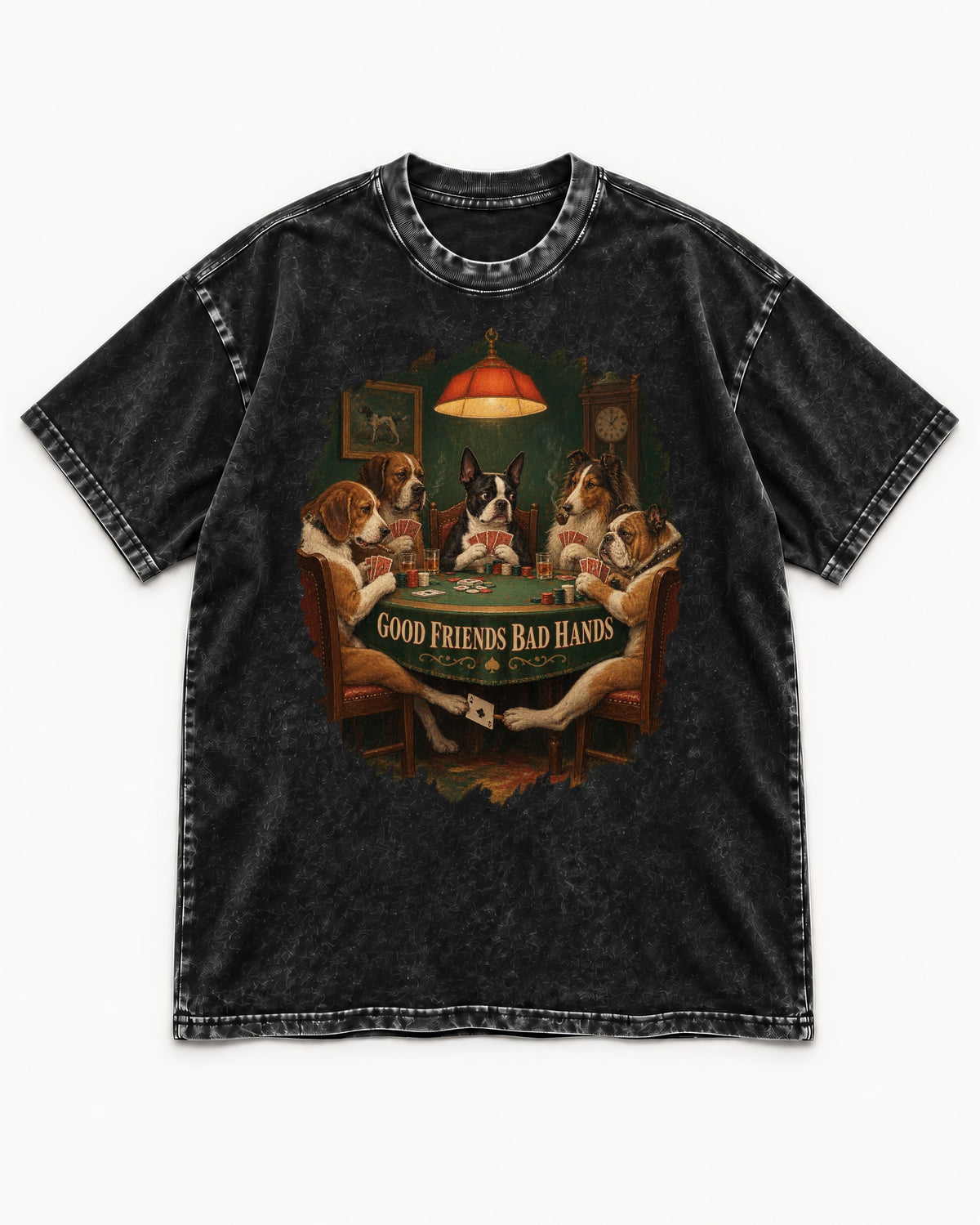 Good Friends Bad Hands Boston Terrier Poker Night Washed Tee in Black, flat lay product photo