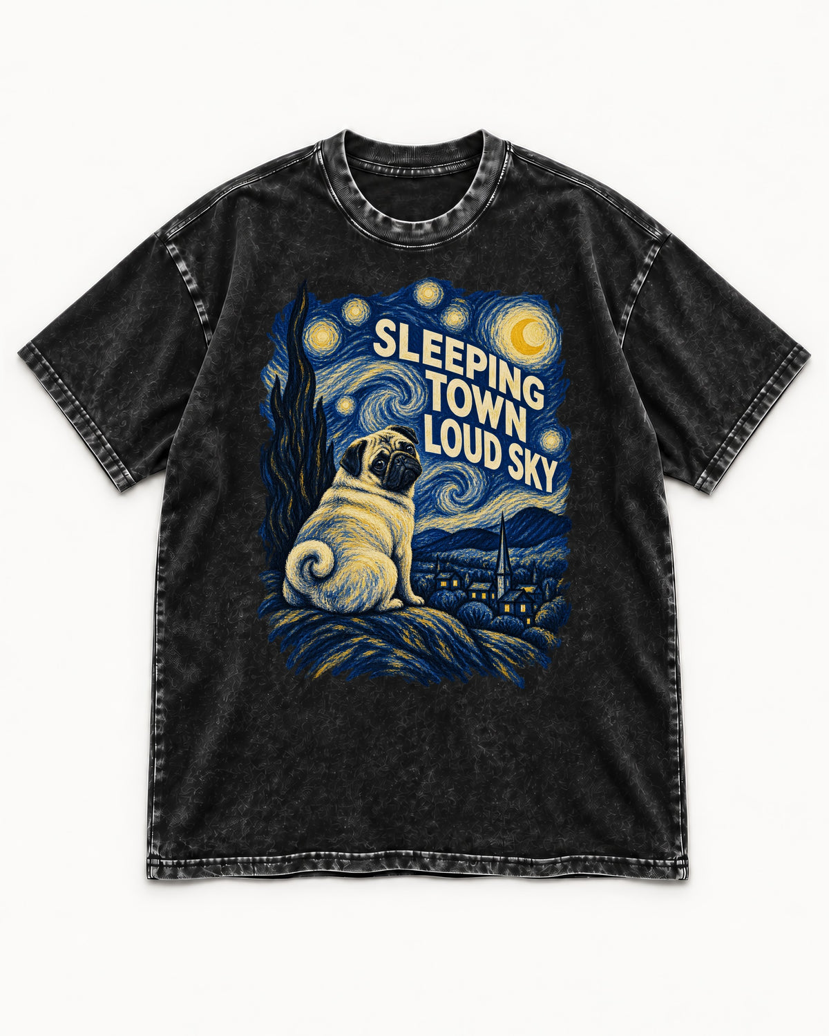 Pug Sleeping Town Loud Sky Starry Night Graphic Washed Tee in Black, flat lay product photo