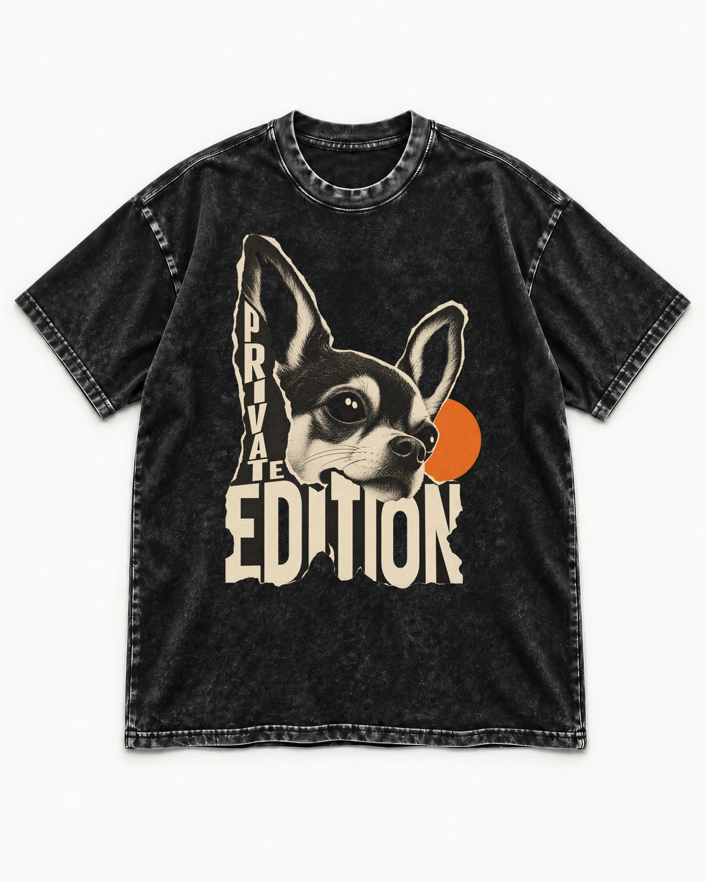 Chihuahua Private Edition Cut-Paper Portrait Washed Tee in Black, flat lay product photo