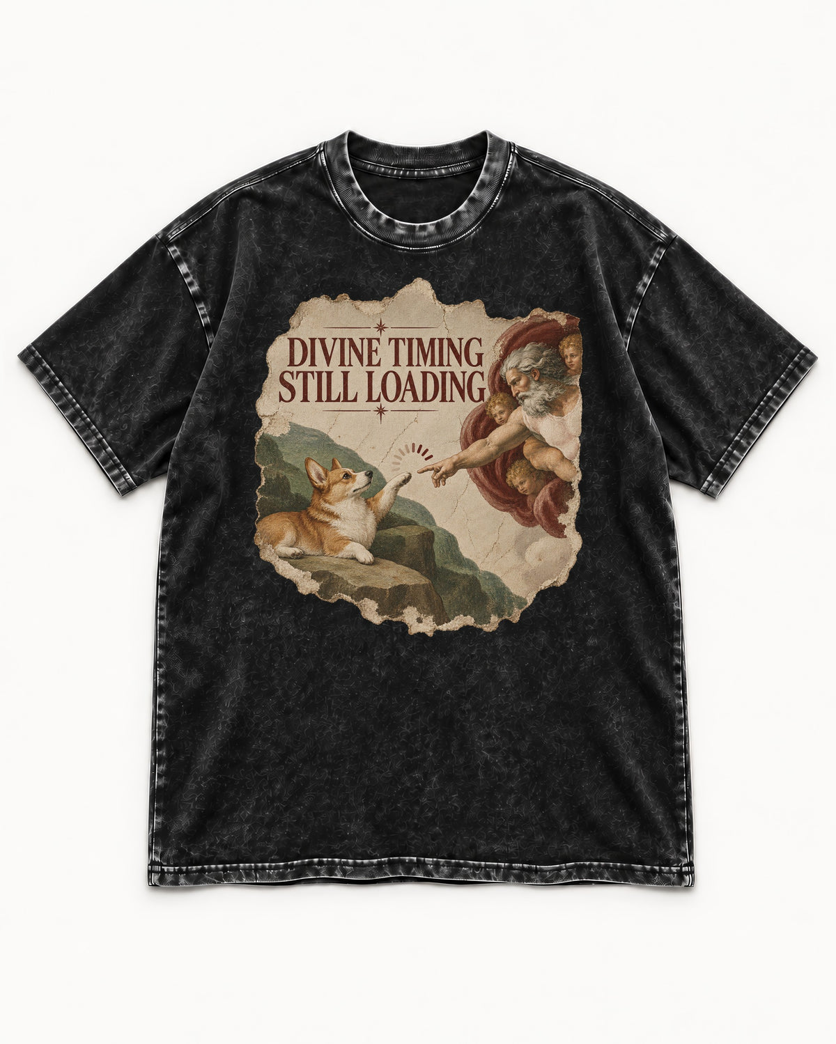 Corgi Divine Timing Still Loading Creation Parody Washed Tee in Black, flat lay product photo
