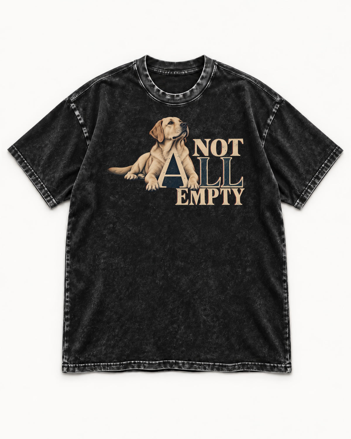 Labrador Retriever Not All Empty Lounging Typography Graphic Washed Tee in Black, flat lay product photo