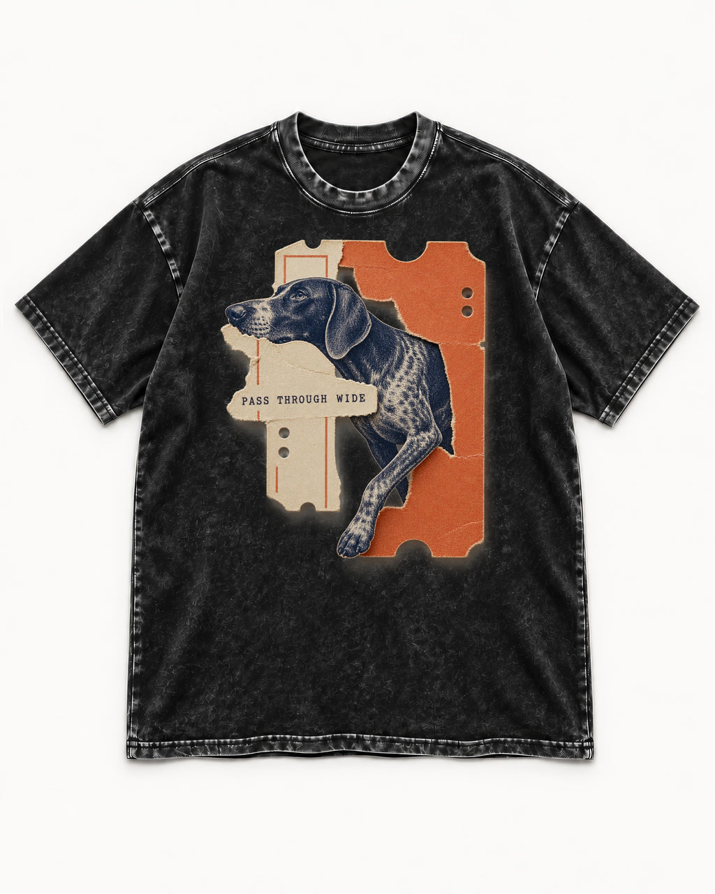 German Shorthaired Pointer Pass Through Wide Ticket Graphic Washed Tee in Black, flat lay product photo