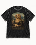 Smile Under Review Renaissance Portrait Golden Retriever Graphic Washed Tee in Black, flat lay product photo