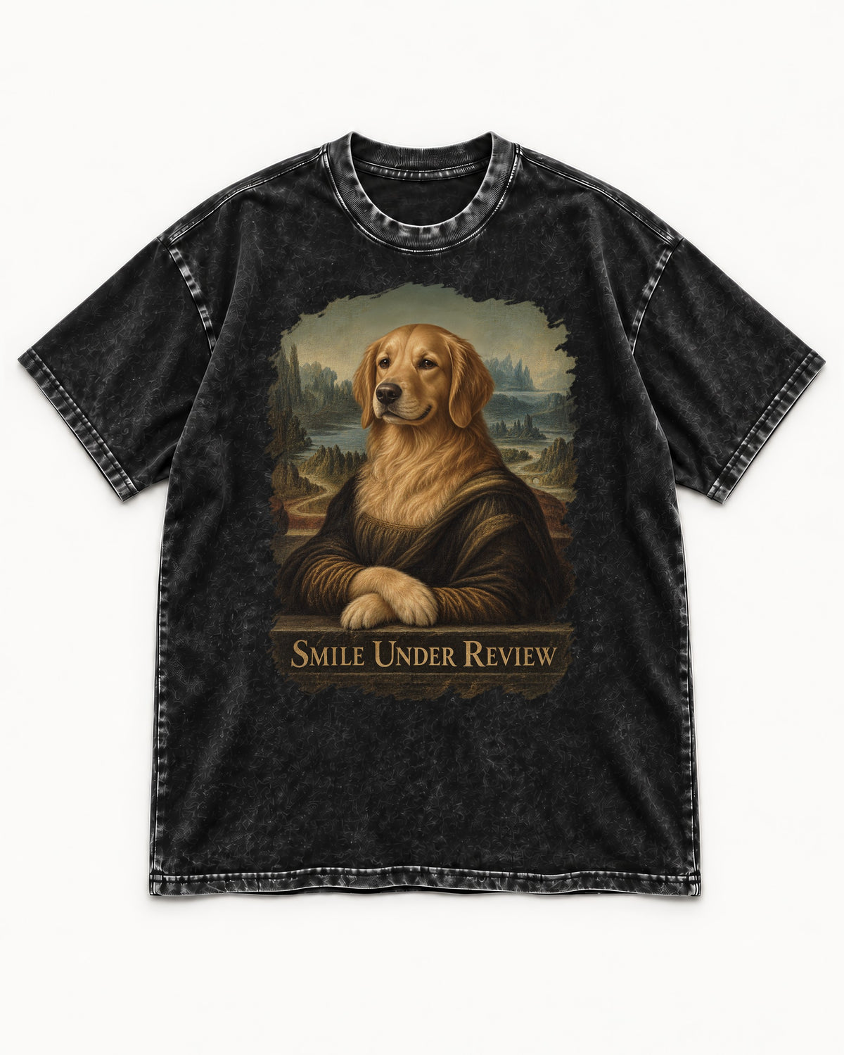 Smile Under Review Renaissance Portrait Golden Retriever Graphic Washed Tee in Black, flat lay product photo
