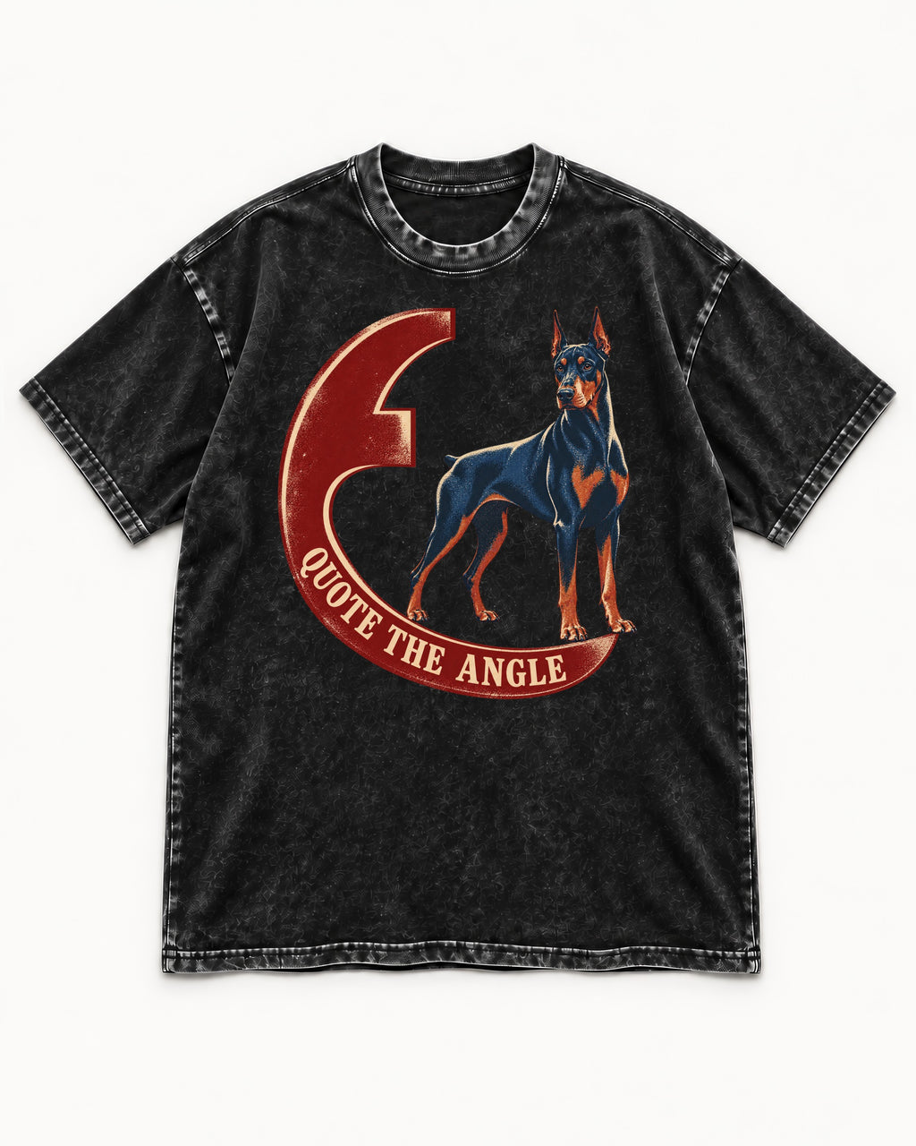 Doberman Quote the Angle Crescent Graphic Washed Tee in Black, flat lay product photo