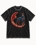 Doberman Quote the Angle Crescent Graphic Washed Tee in Black, flat lay product photo