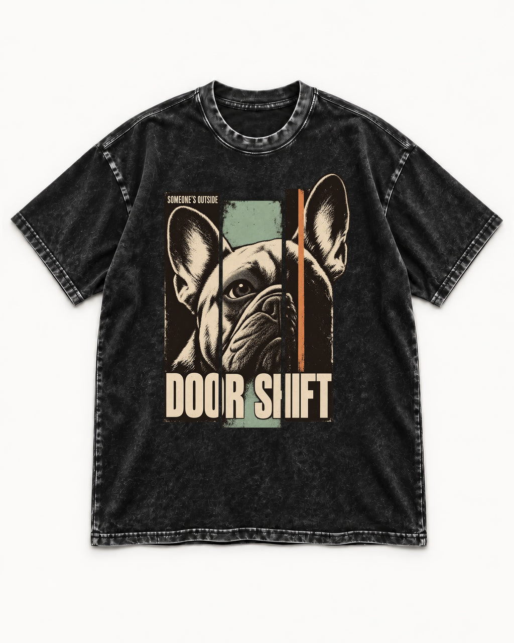 Frenchie Someone's Outside Door Shift Graphic Washed Tee in Black, flat lay product photo