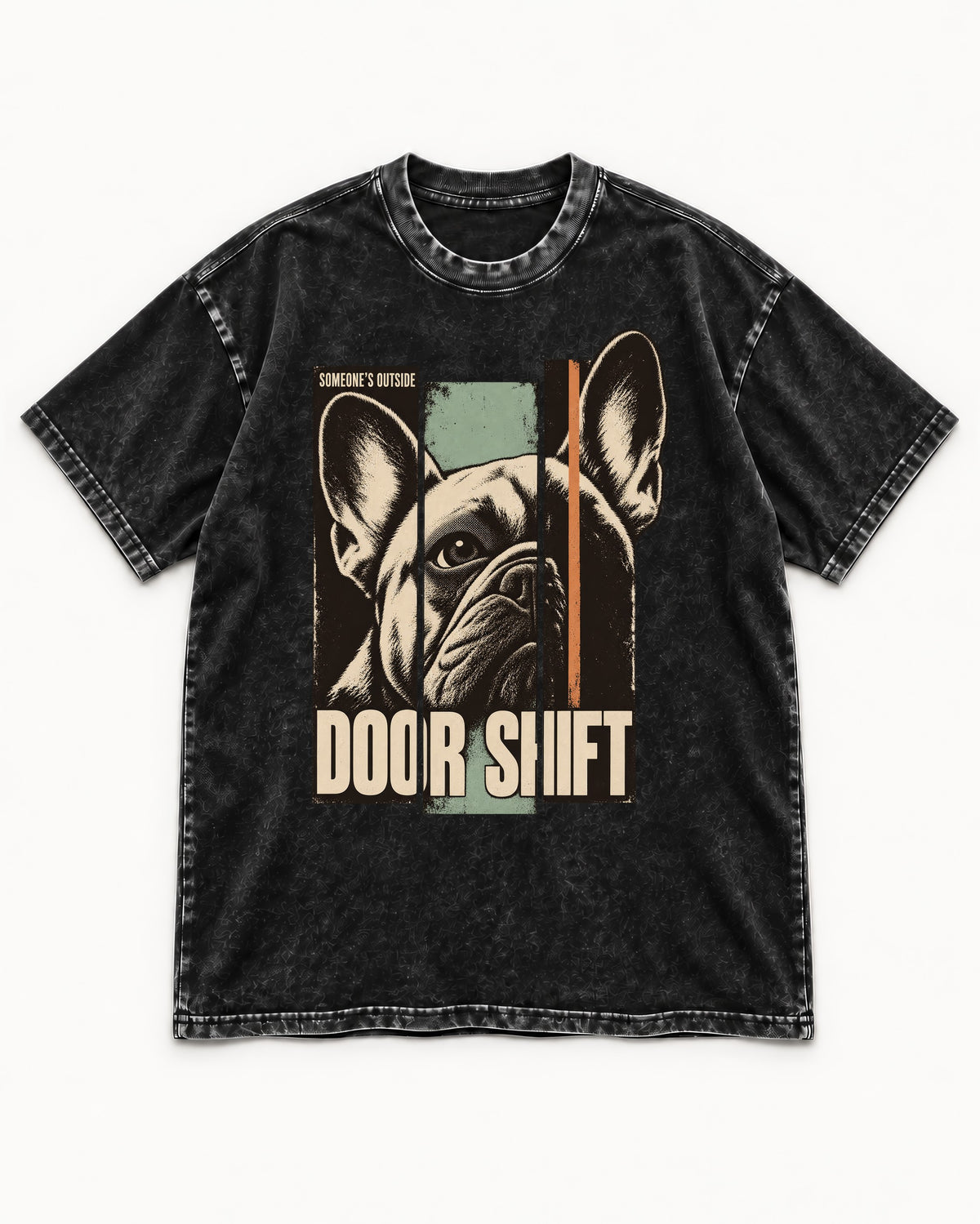 Frenchie Someone's Outside Door Shift Graphic Washed Tee in Black, flat lay product photo