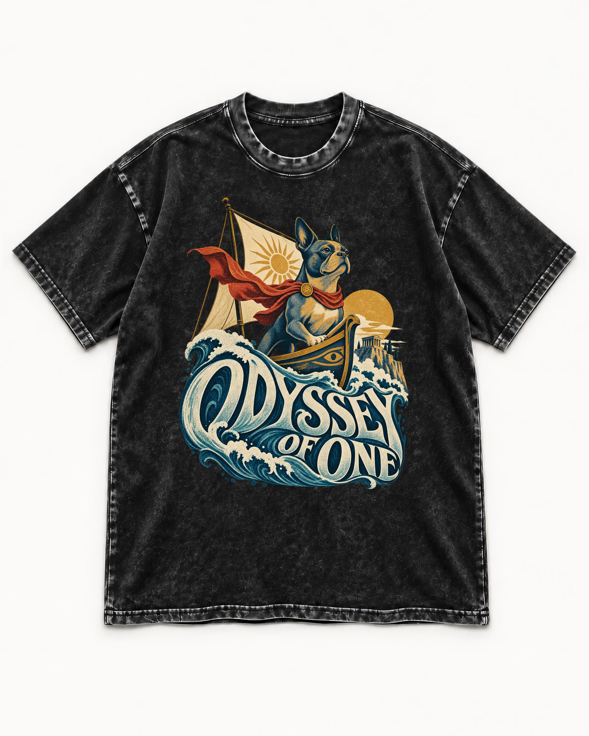 Boston Terrier Odyssey of One Washed Tee in Black, flat lay product photo