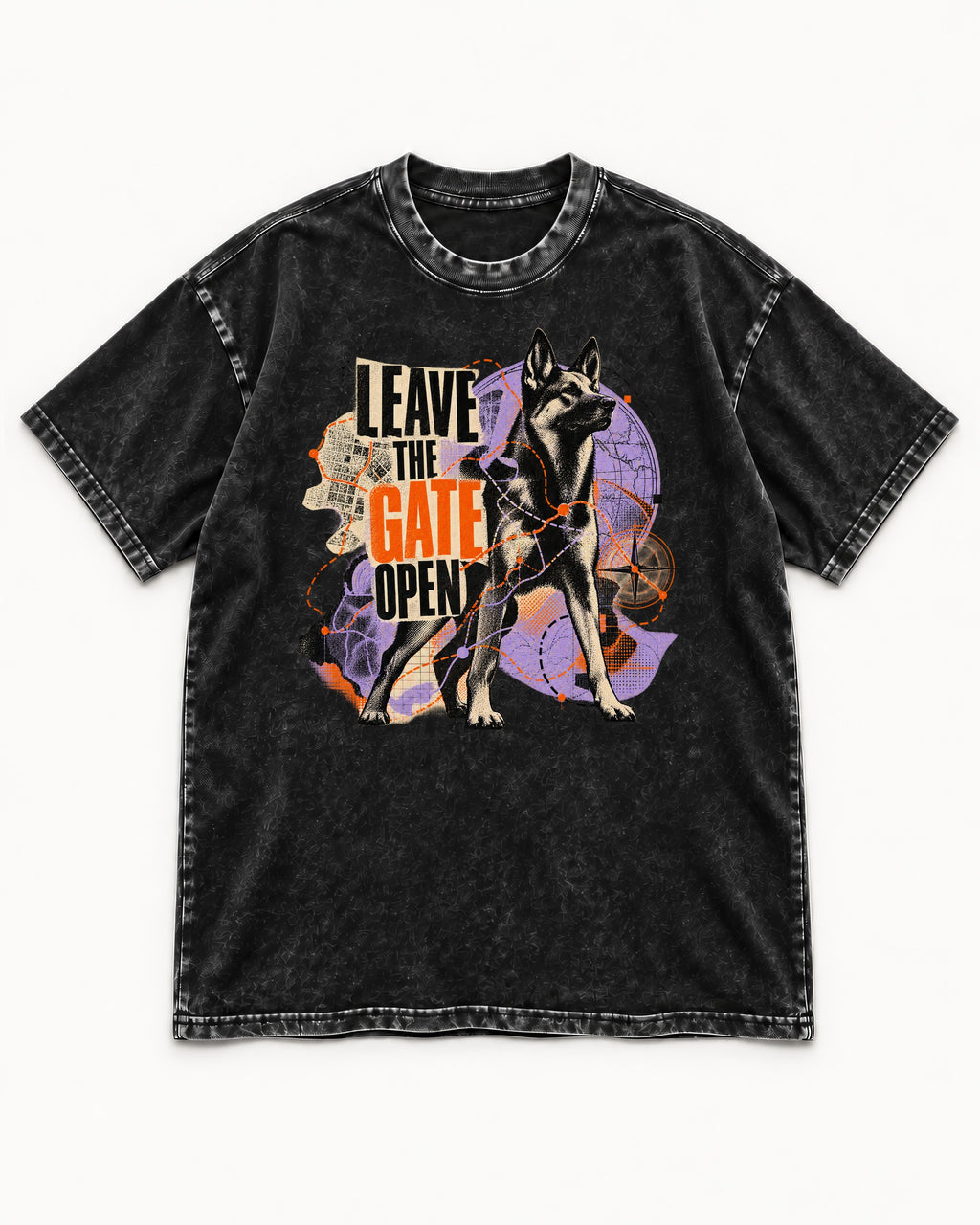 Leave The Gate Open Transit Collage German Shepherd Dog Graphic Washed Tee in Black, flat lay product photo