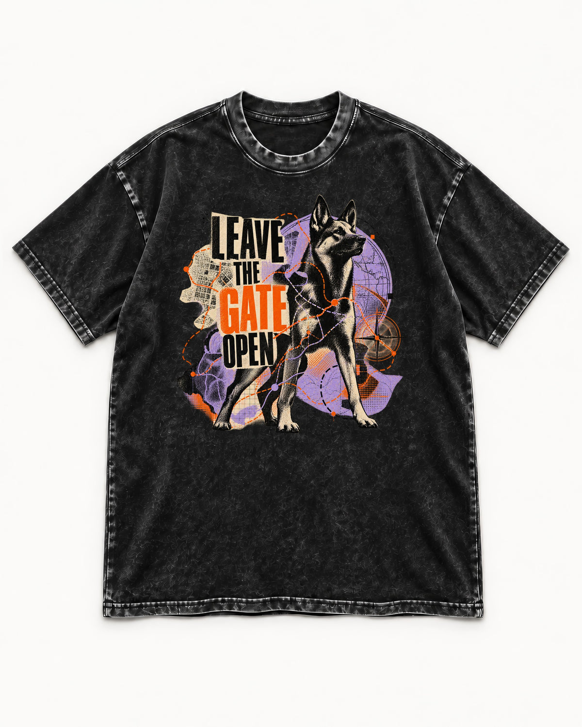 Leave The Gate Open Transit Collage German Shepherd Dog Graphic Washed Tee in Black, flat lay product photo