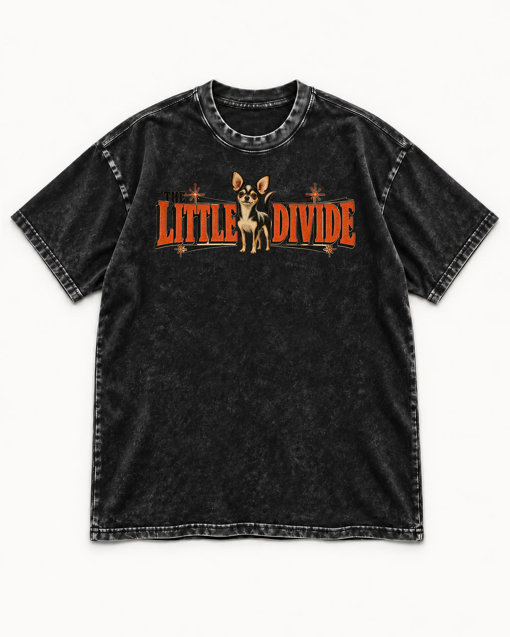 Chihuahua The Little Divide Retro Sign Graphic Washed Tee in Black, flat lay product photo