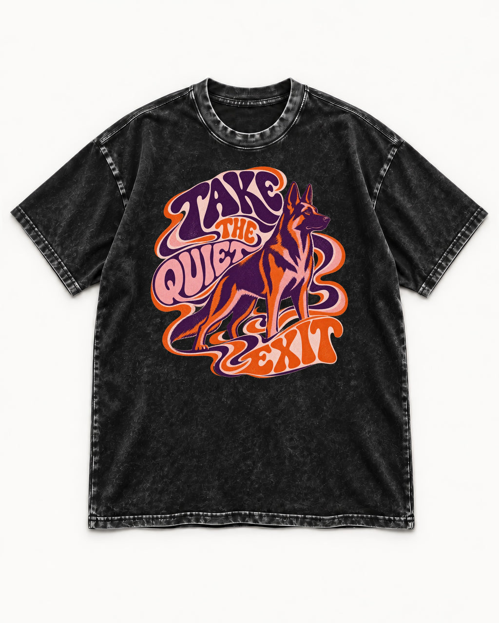 Take The Quiet Exit Psychedelic German Shepherd Dog Graphic Washed Tee in Black, flat lay product photo