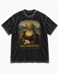 Labrador Retriever Smile Under Review Mona Lisa Graphic Washed Tee in Black, flat lay product photo