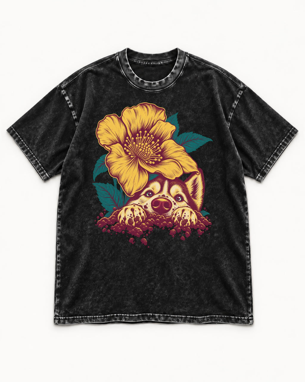 Husky Flower Witness Peeking Floral Graphic Washed Tee in Black, flat lay product photo