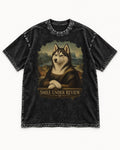 Husky Smile Under Review Renaissance Portrait Graphic Washed Tee in Black, flat lay product photo