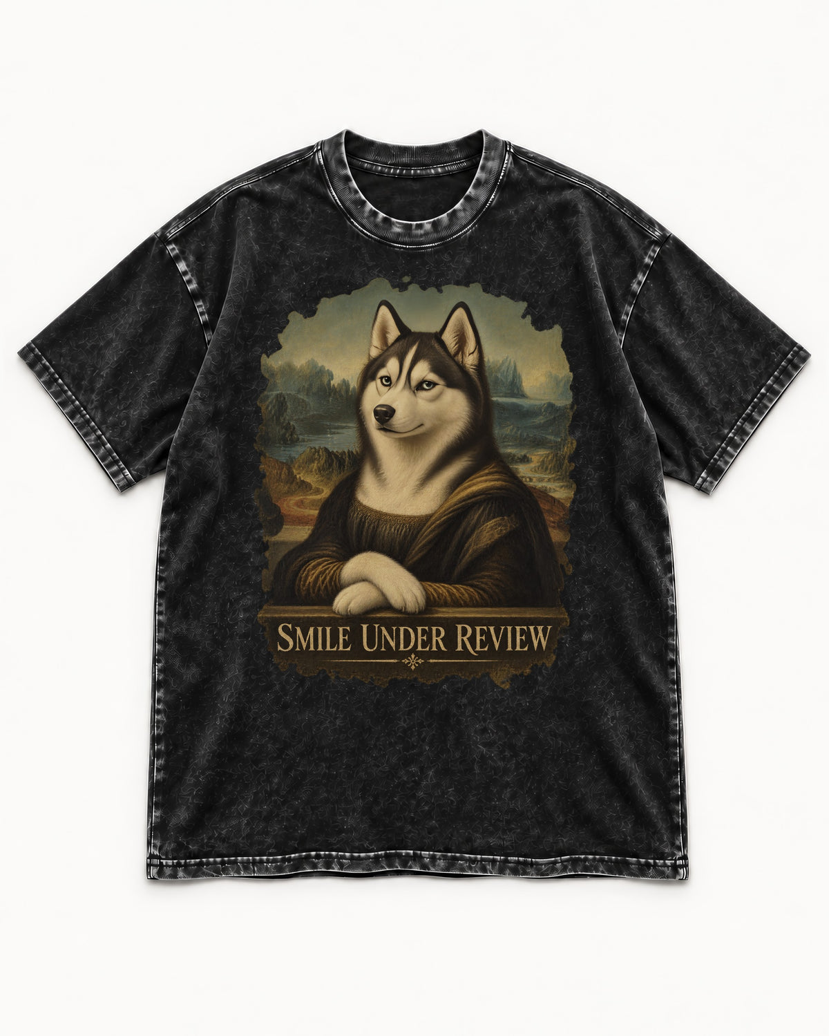 Husky Smile Under Review Renaissance Portrait Graphic Washed Tee in Black, flat lay product photo
