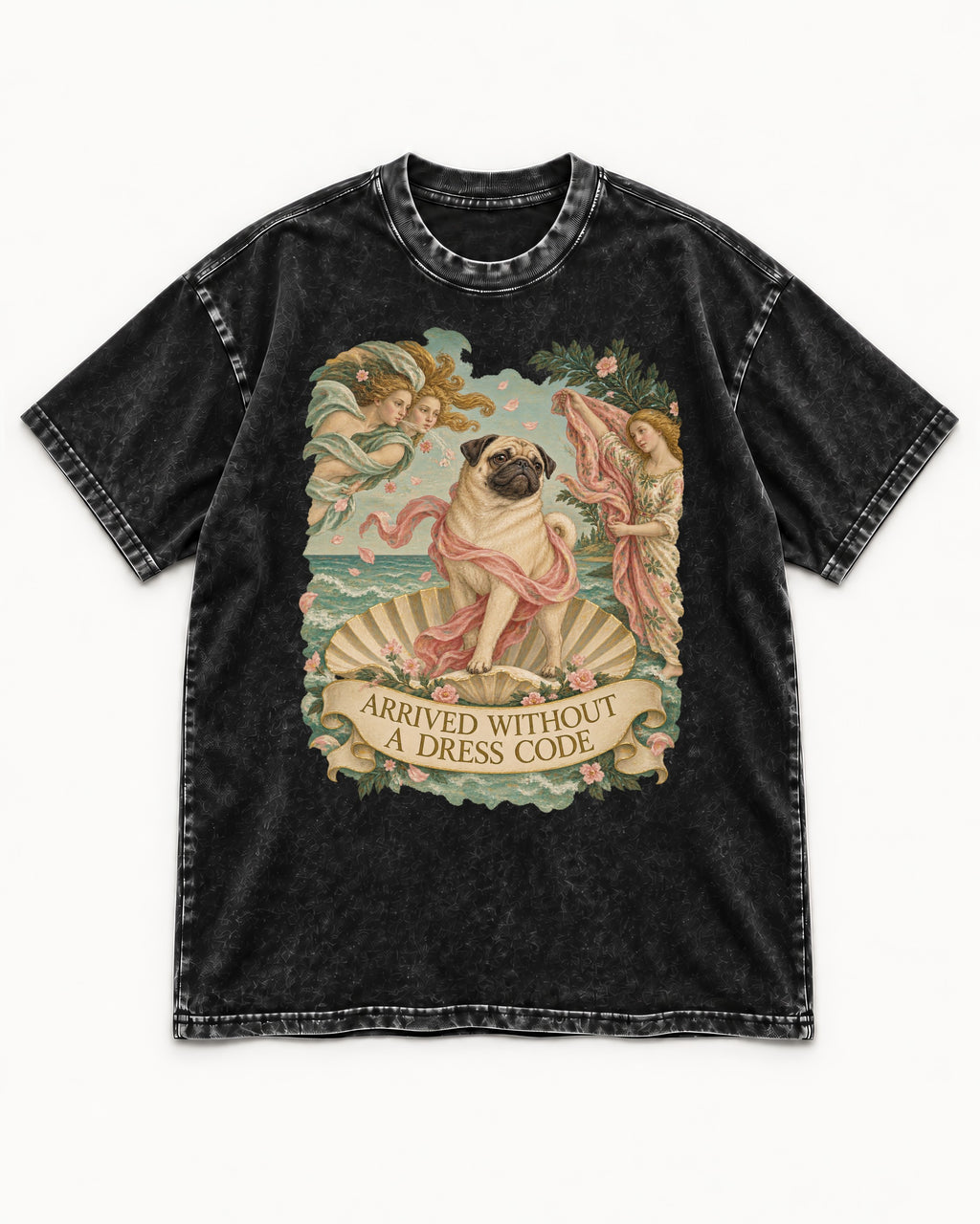 Pug Arrived Without a Dress Code Venus Parody Graphic Washed Tee in Black, flat lay product photo