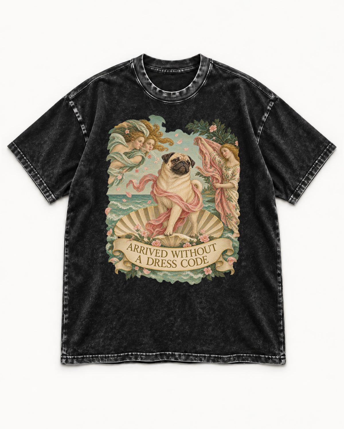 Pug Arrived Without a Dress Code Venus Parody Graphic Washed Tee in Black, flat lay product photo