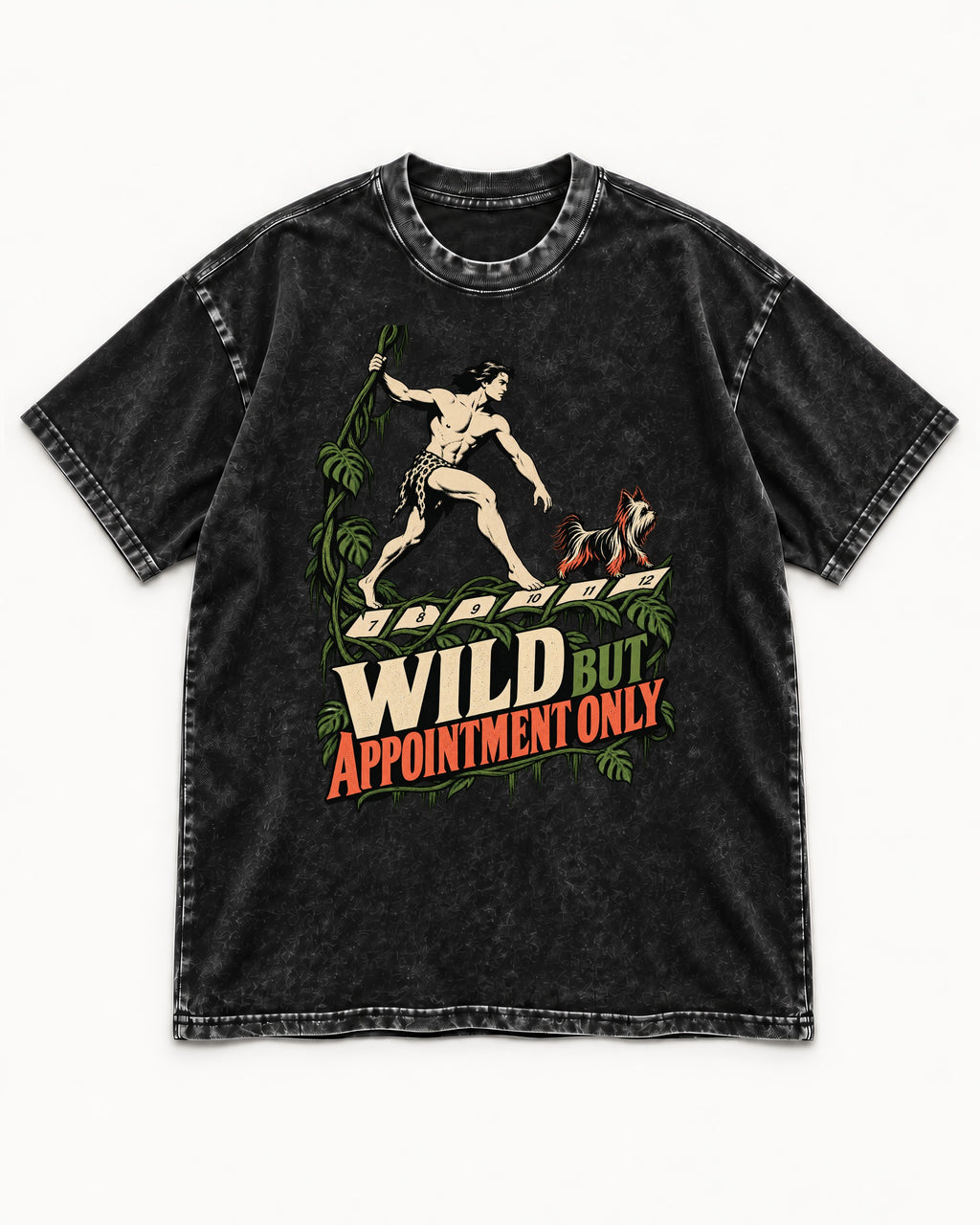 Yorkshire Terrier Wild but Appointment Only Jungle Calendar Graphic Washed Tee in Black, flat lay product photo