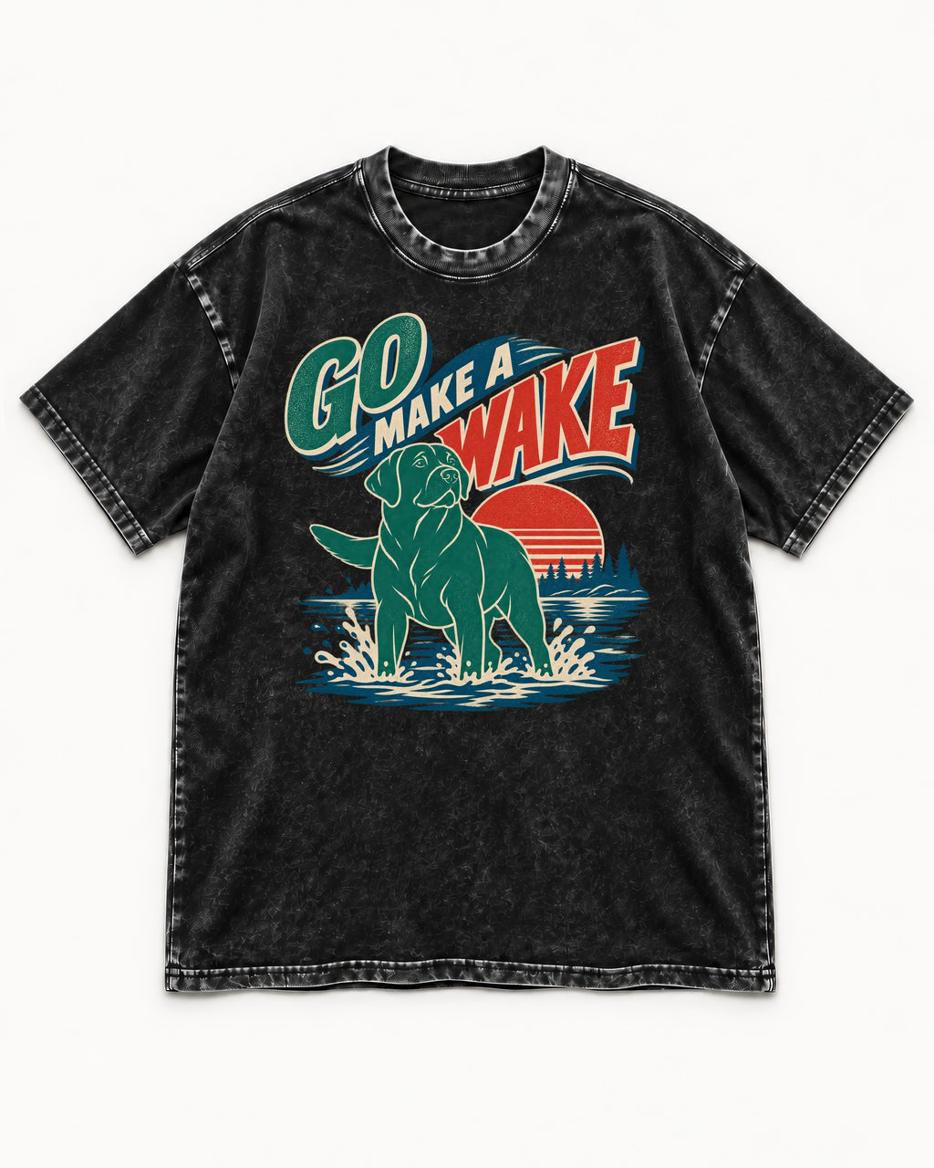 Labrador Retriever Go Make a Wake Lake Graphic Washed Tee in Black, flat lay product photo