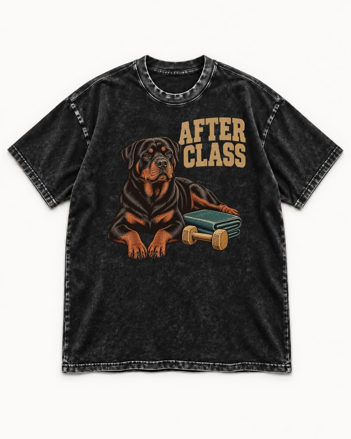 Rottweiler After Class Books and Dumbbell Graphic Washed Tee in Black, flat lay product photo