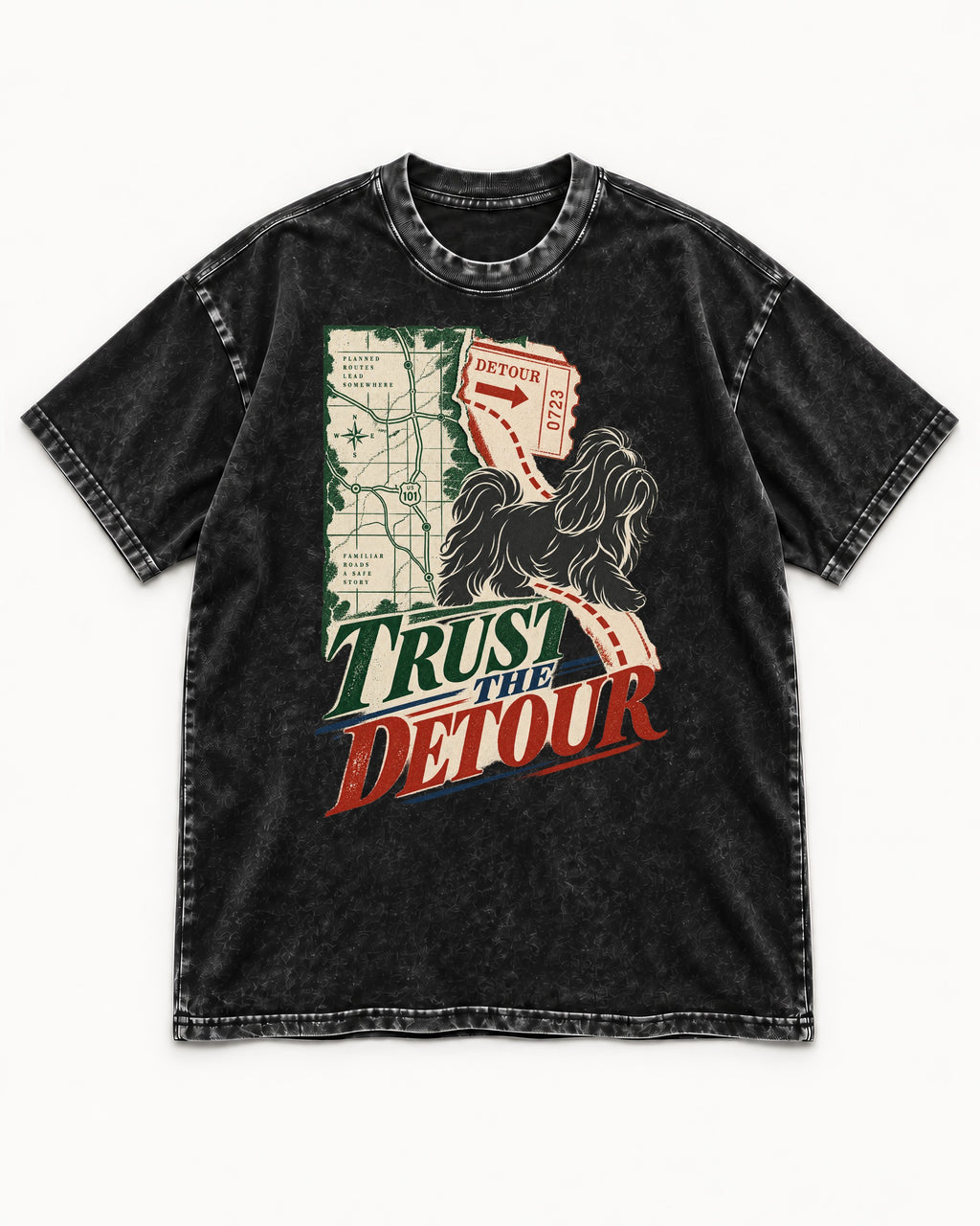 Shih Tzu Trust the Detour Road Map Graphic Washed Tee in Black, flat lay product photo