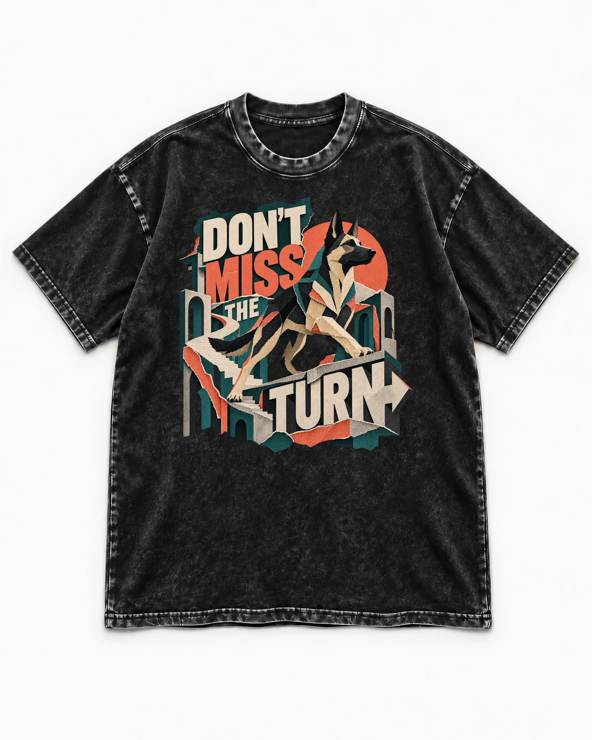 Dont Miss The Turn Escher Staircase German Shepherd Dog Graphic Washed Tee in Black, flat lay product photo
