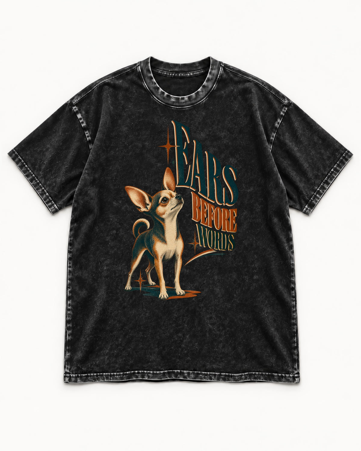 Chihuahua Ears Before Words Retro Typography Washed Tee in Black, flat lay product photo