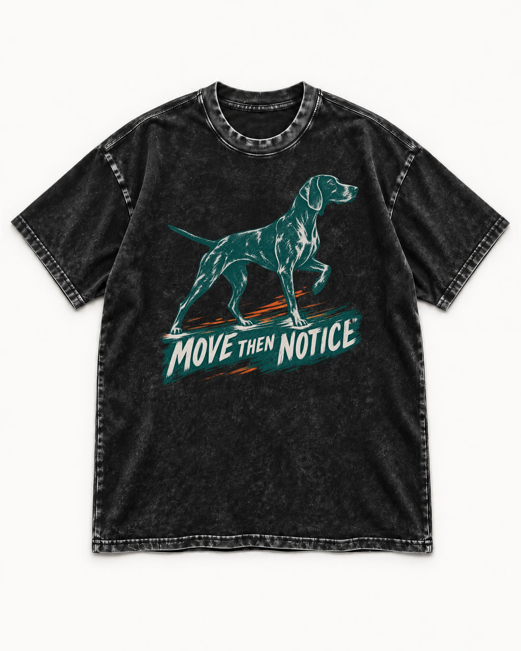 German Shorthaired Pointer Move Then Notice Brushstroke Graphic Washed Tee in Black, flat lay product photo