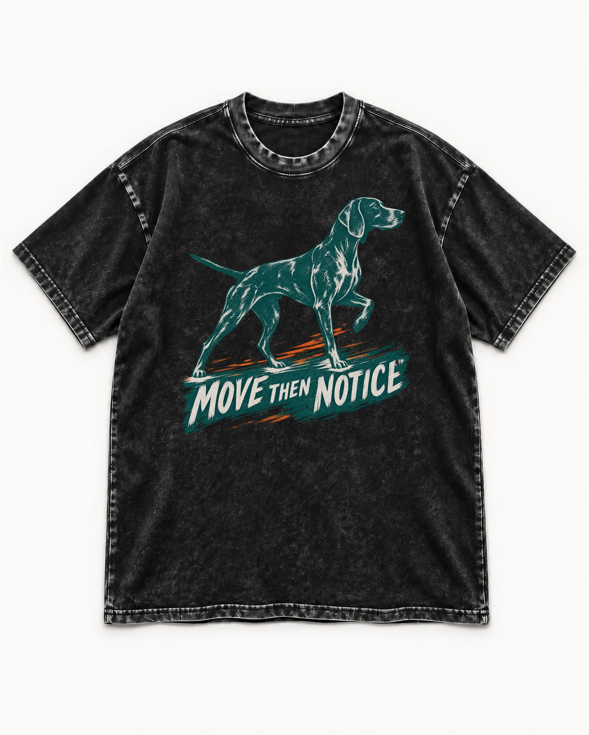 German Shorthaired Pointer Move Then Notice Brushstroke Graphic Washed Tee in Black, flat lay product photo