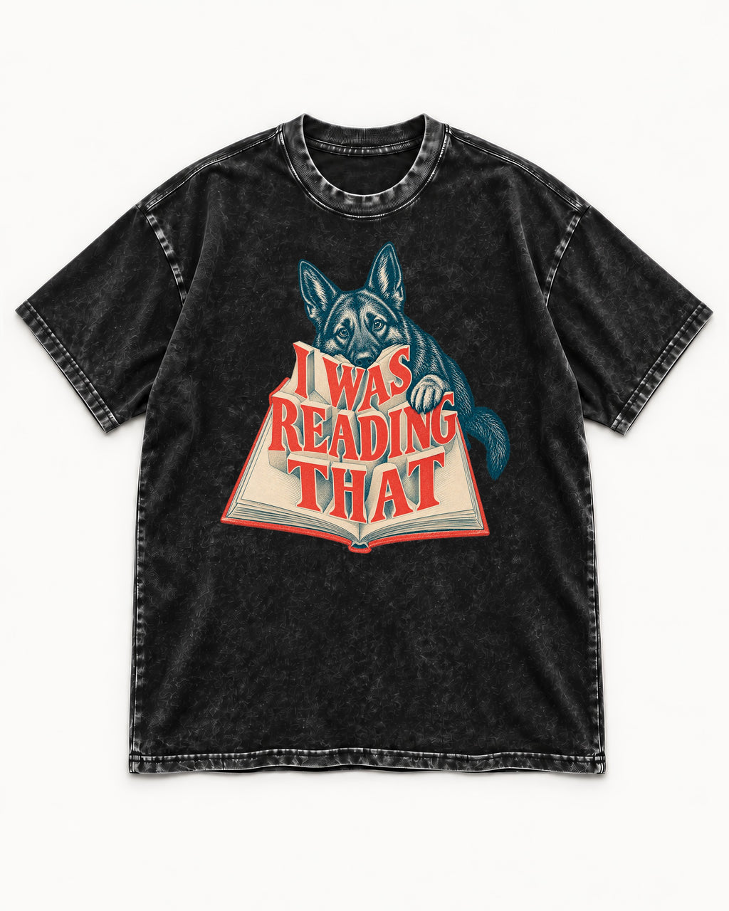 German Shepherd Dog I Was Reading That Open Book Graphic Washed Tee in Black, flat lay product photo