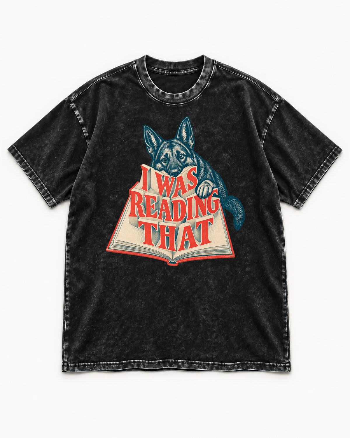 German Shepherd Dog I Was Reading That Open Book Graphic Washed Tee in Black, flat lay product photo