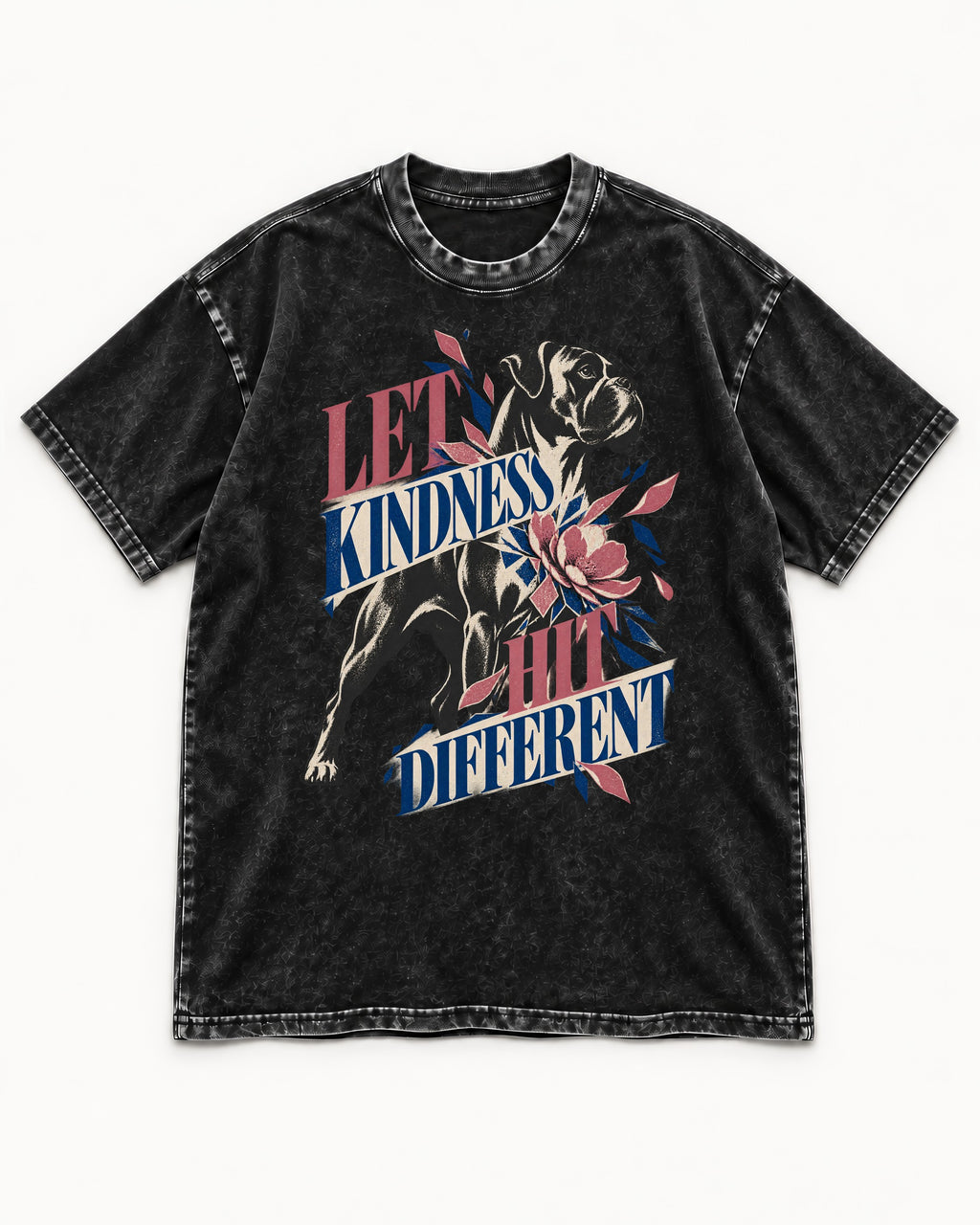 Let Kindness Hit Different Boxer Floral Collage Washed Tee in Black, flat lay product photo