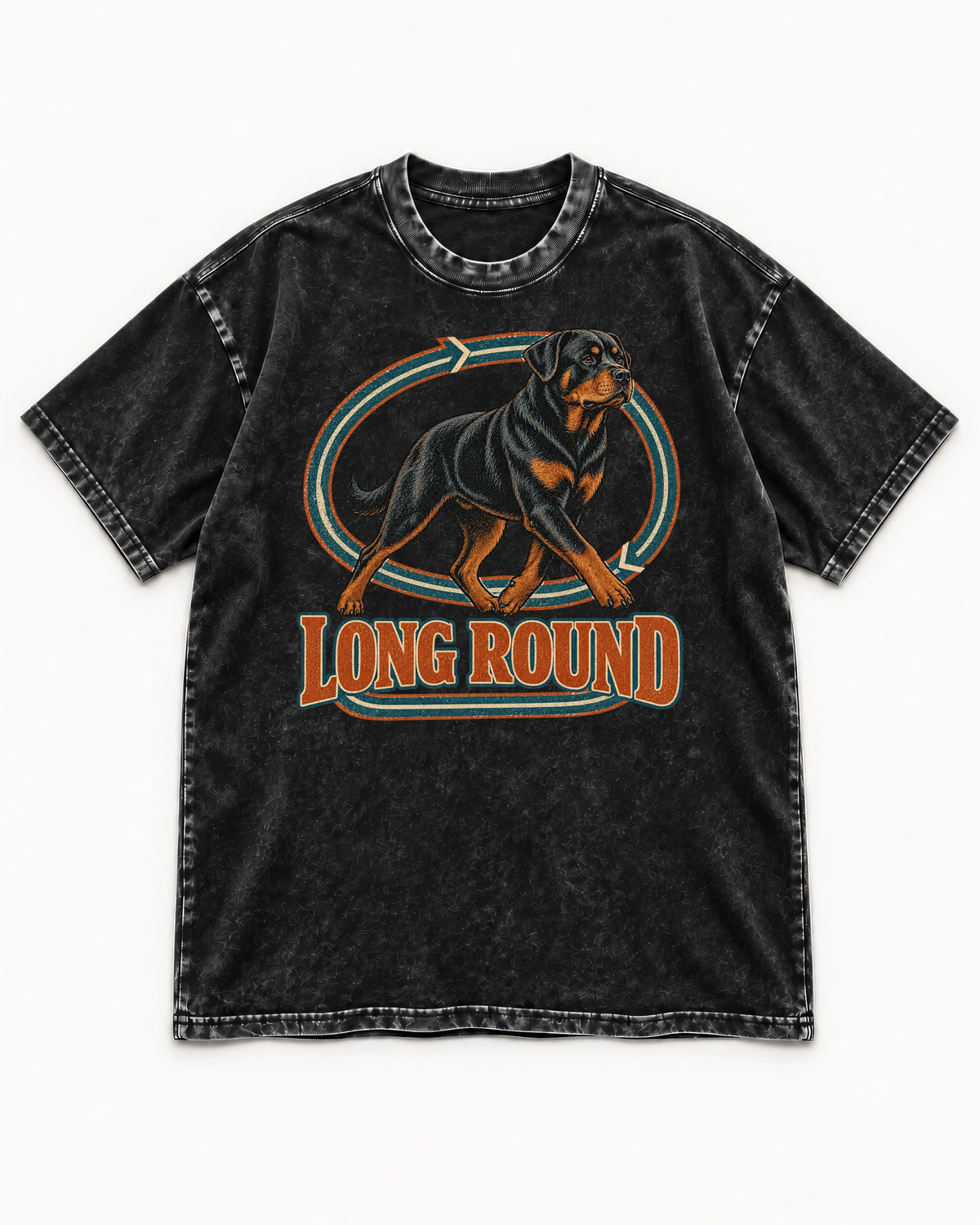 Rottweiler Long Round Circular Track Graphic Washed Tee in Black, flat lay product photo